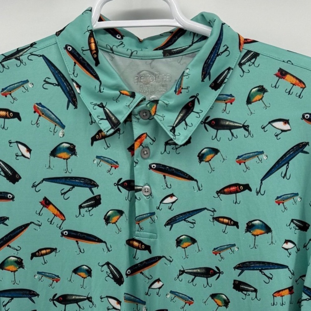 Aeroline Mens Fishing Lure Print Polo Shirt Teal Green Performance Size Large